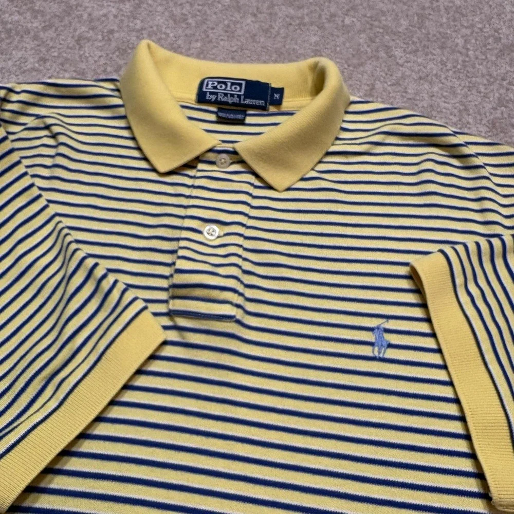 Polo Ralph Lauren Polo Shirt Mens Medium Yellow Blue Stripe Pique Cotton
